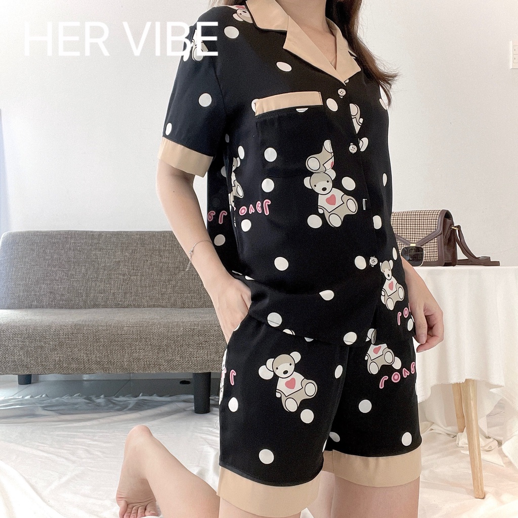 Đồ bộ nữ pijama lụa mát mịn bộ ngủ mặc nhà tiểu thư tay ngắn quần ngắn satin dễ thương Her Vibe
