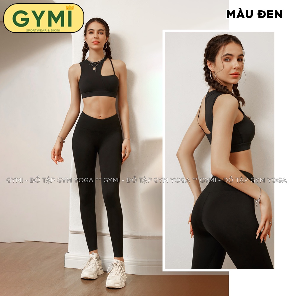 Set bộ đồ tập gym yoga nữ GYMI SET32 gồm áo bra chéo vai và quần legging dài thể thao chất poly sịn mát co giãn
