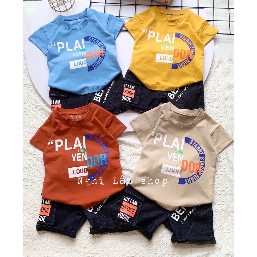Set Đồ bộ bé trai Áo thun ngắn tay cotton 100% co giản 4 chiều in chữ Dor Quần short thun giả jean cho bé từ 8-36kg