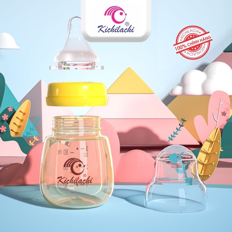 Bình Sữa Sơ Sinh Ppsu Cổ Hẹp Kichilachi 80ml Núm Ti Siêu Mềm Chống Sặc Và Đầy Hơi Cho Bé [ KÈM NÚM TI ]