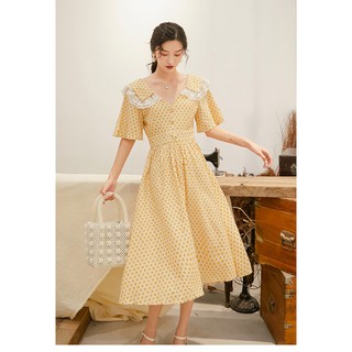Đầm Chấm Bi Vàng Polka - phong cách Vintage - Hàng Cao Cấp (có sẵn kèm ảnh thật hình 2-3)