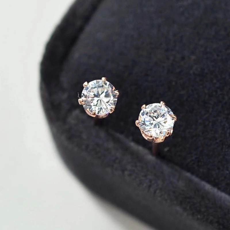 Bông tai bằng thép titan mạ vàng hồng 18k đính kim cương giả mini 6 chấu không gây dị ứng thiết kế đơn giản