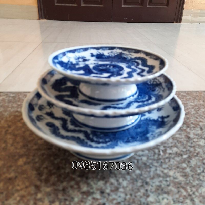 Mâm bồng đựng đồ cúng vẽ rồng nhiều size.Hàng sứ Bát Tràng.