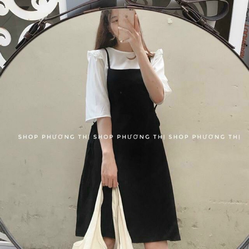 Set váy 2 dây yếm mix áo sơ mi dễ thương