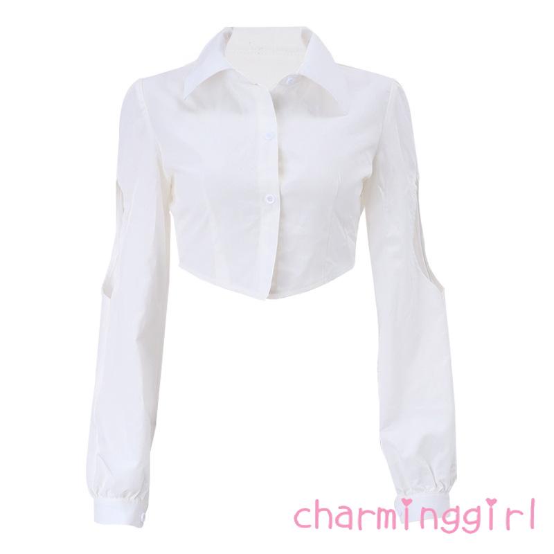 Áo Croptop Tay Dài Cổ Bẻ Màu Trơn Dáng Ôm Cài Khuy Thời Trang Mùa Xuân Cho Bạn Gái