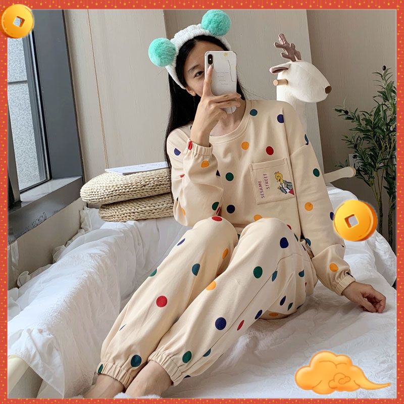 Set đồ ngủ dài tay 100% cotton phong cách Hàn Quốc thời trang thu đông dễ thương cho nữ mặc ở nhà