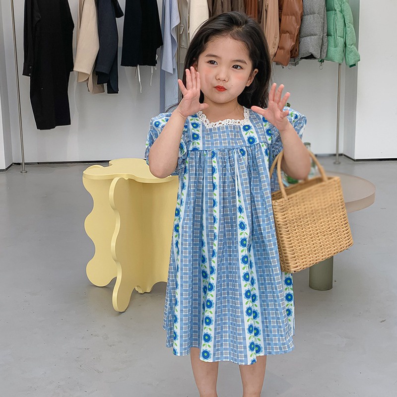 Đầm Công Chúa Mùa Hè Cổ Vuông Tay Cộc In Họa Tiết Hoa Cho Bé Gái Se7en