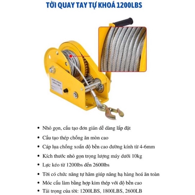 Tời Quay Tay Cao Cấp Tự Khóa Cáp Dài 20 mét