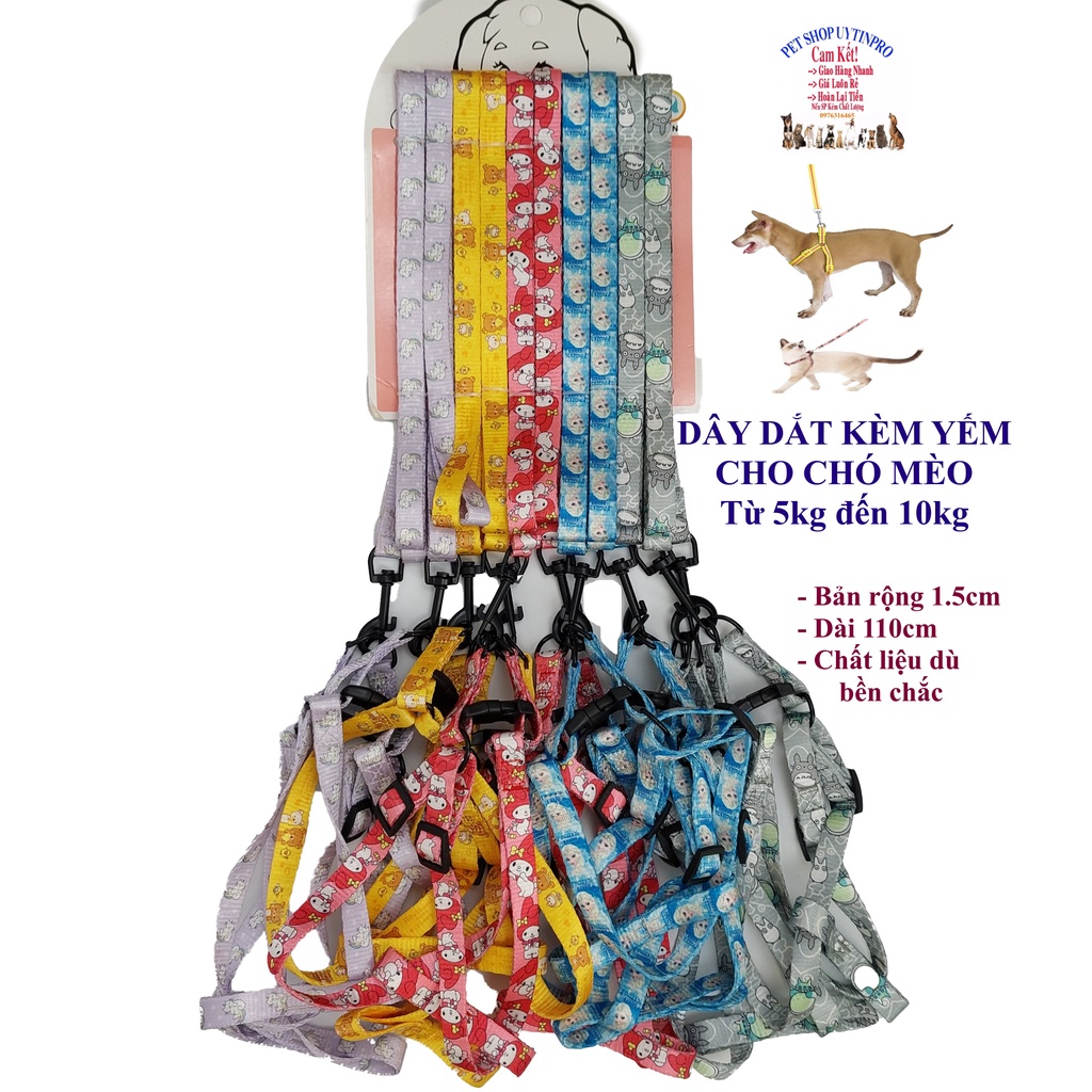 Dây dắt kèm yếm cho Chó Mèo Từ 5kg đến 10kg Bản rộng 1.5cm In HOẠT HÌNH Chất liệu dù Chắc chắn, Yếm có thể điều chỉnh