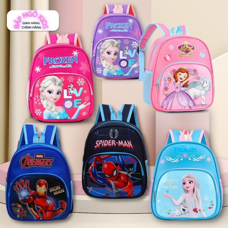 Ba lô trẻ em, balo cho bé đi học mẫu giáo mầm non 2 ngăn in hình Sofia Elsa Ironman người nhện Bắp Ngô Kids