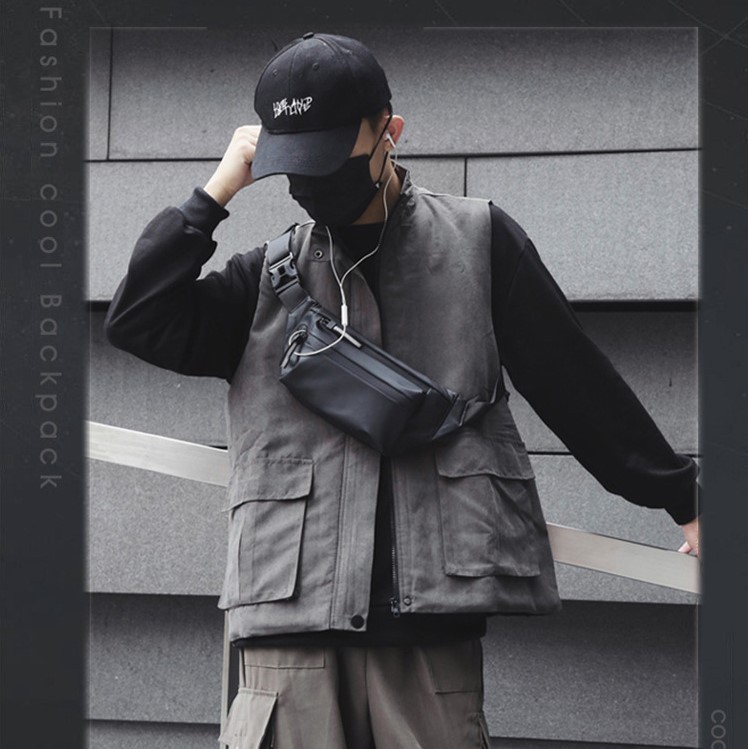 Túi đeo chéo nam TOPMAN, túi bao tử mini vải polyester chống nước phong cách màu Đen T007