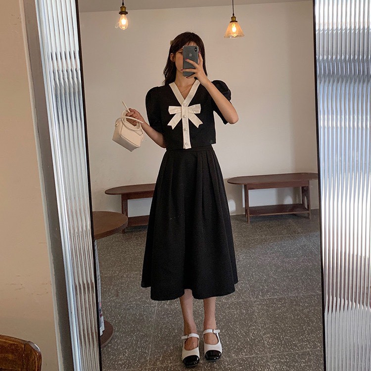 [HÀNG QCCC] - SET váy ulzzang tiểu thư cổ nơ cúc ngọc - B50 - jannahouse