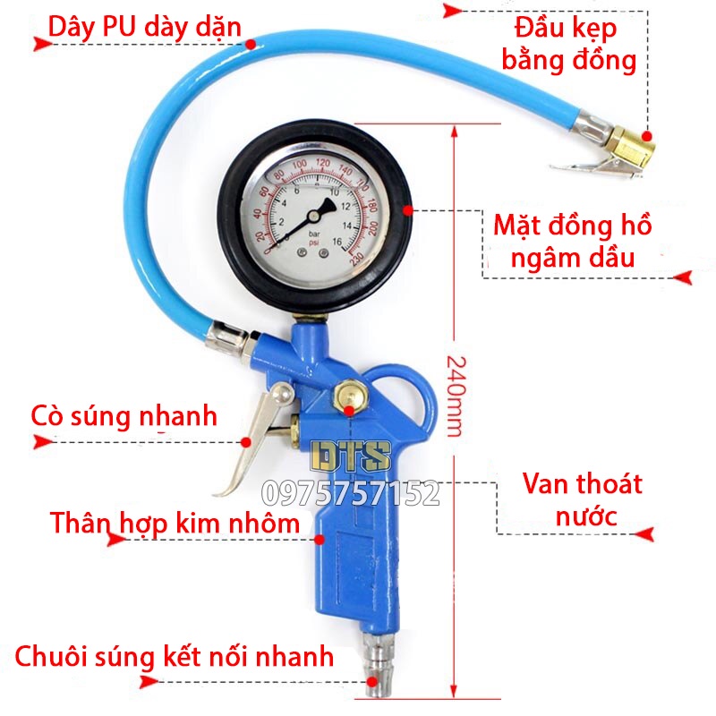 Súng bơm hơi tích hợp đồng hồ ngâm dầu đo áp suất khí, tay bơm nén khí lốp xe ô tô xe máy xe đạp hồ bơi nệm hơi