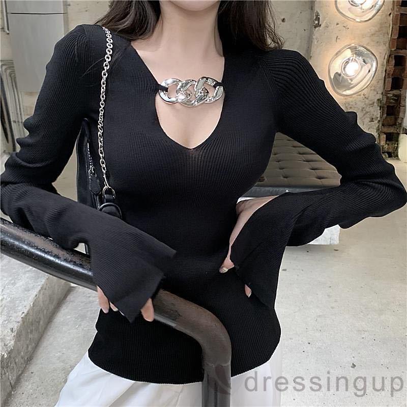 Áo len tay loe cổ chữ V dáng ôm thời trang quyến rũ cho nữ