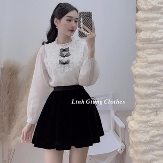 Set chân váy xếp ly áo sơ mi lụa mát