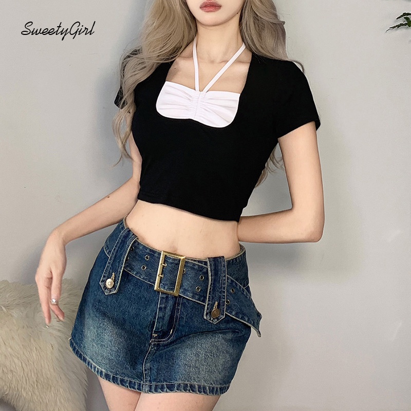 Áo Croptop Tay Ngắn Dáng Ôm Phối Màu Tương Phản Thời Trang 2022 Quyến Rũ Cho Nữ