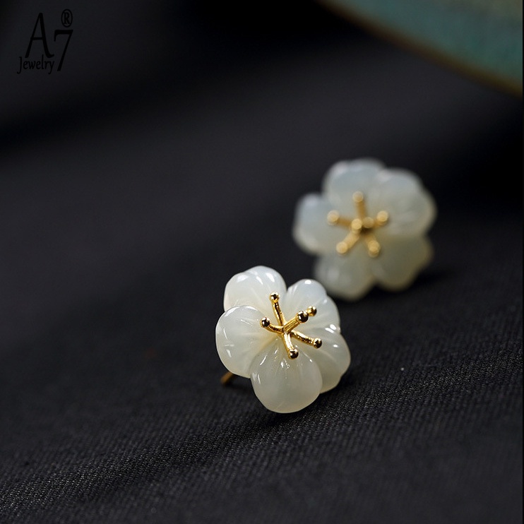 Bông Tai Mạ Bạc 925 Đính Đá Ngọc Bích Trắng Sang Trọng Cho Nữ A7 S925