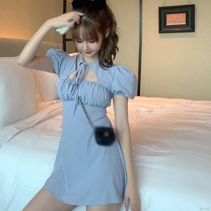 Đầm Nữ Ngắn Tay Thắt Nơ Cổ Thời Trang