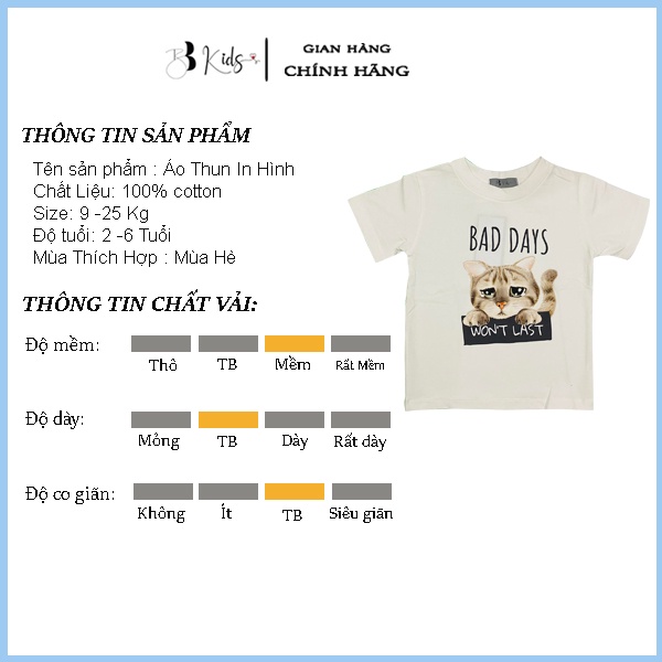 Áo Thun Ngắn Tay Cho Bé BB Kids In Hình Mèo Bad days Chất Liệu Cotton 100% Co Giãn 4 Chiều