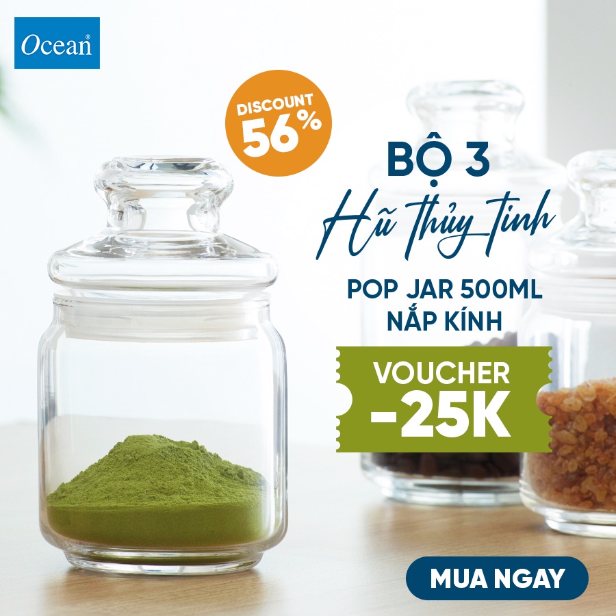 Bộ 3 Hũ Thủy Tinh Ocean Pop Jar 500ml nắp kính - Chính Hãng