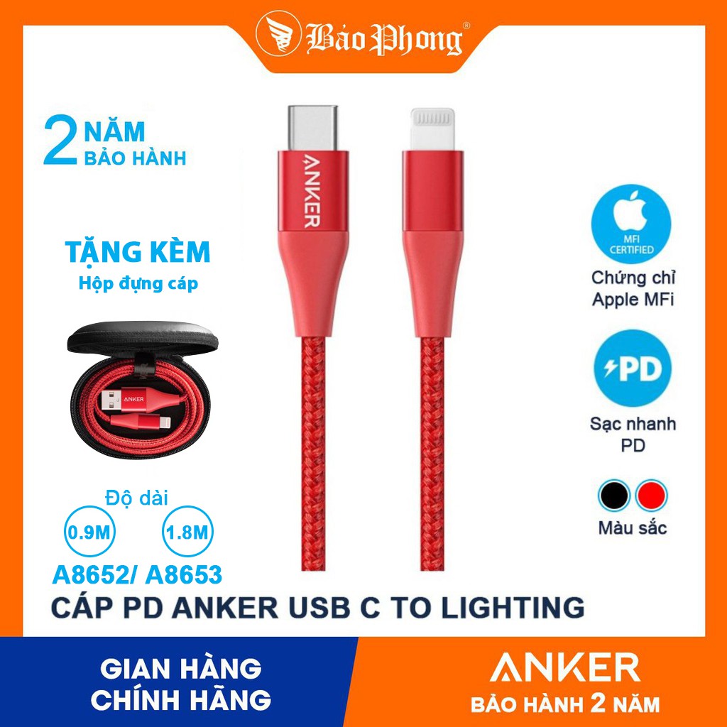 Cáp Sạc Nhanh dây dù PD ANKER A8652 PowerLine+ II Type C to Lightning 0.9m Cho iPad IP 12 11 Pro max 6 7 8 plus X XS MFI