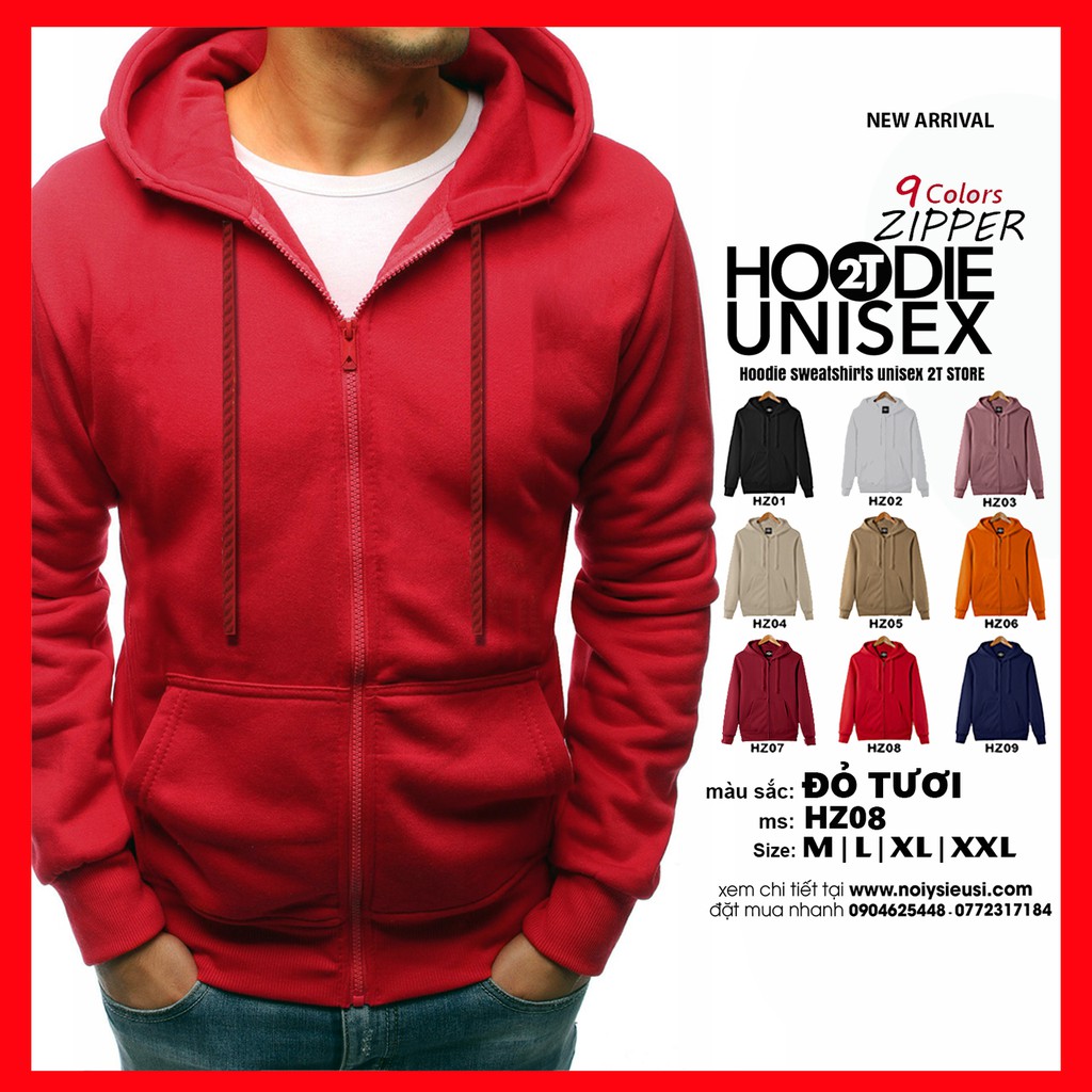 Áo hoodie zipper unisex 2T Store HZ08 màu đỏ tươi - Áo khoác nỉ dây kéo nón 2 lớp dày dặn chất lượng đẹp | BigBuy360 - bigbuy360.vn