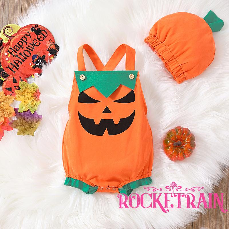 Bộ Áo Liền Quần Cổ Vuông In Họa Tiết Bí Ngô + Nón Thời Trang Cho Bé Trai Và Gái 0-24 Tháng Tuổi