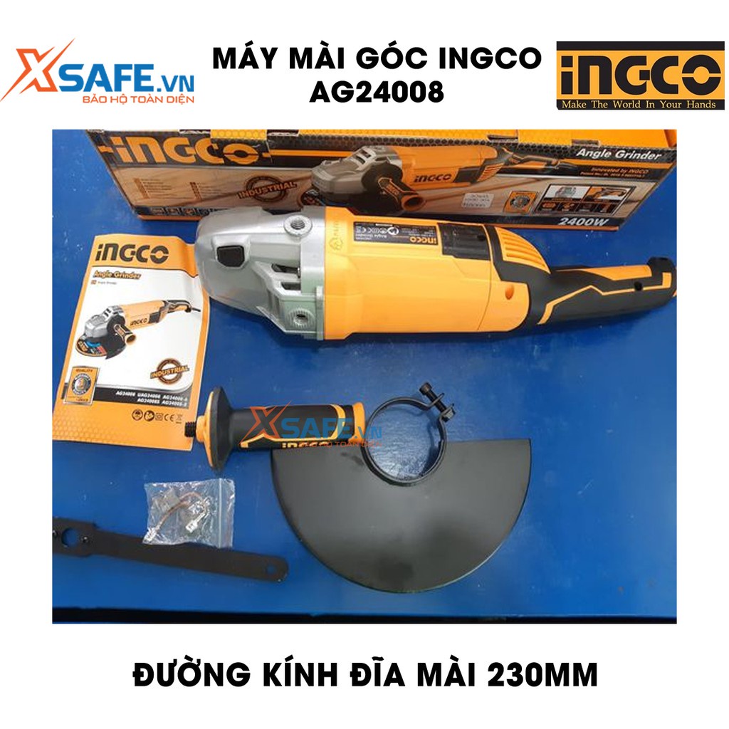 Máy mài góc INGCO AG24008 công suất 2400W, đường kính đĩa mài 230mm, cốt mài M14, kèm 1 tay cầm phụ, 1 bộ than