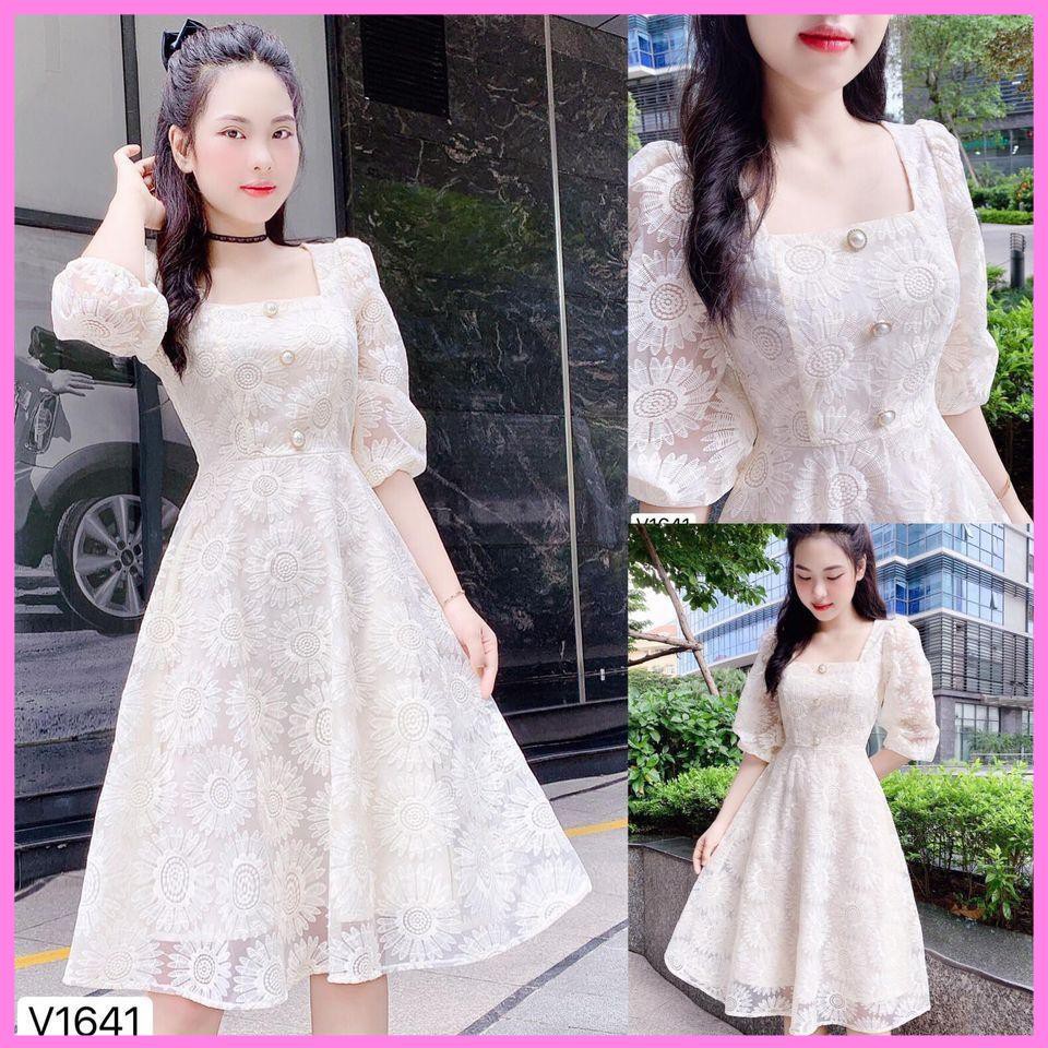 Đầm ren hoa cổ vuông tay lửng 3 nút cực xinh - Misa dress [ Váy trắng dự Tiệc ]