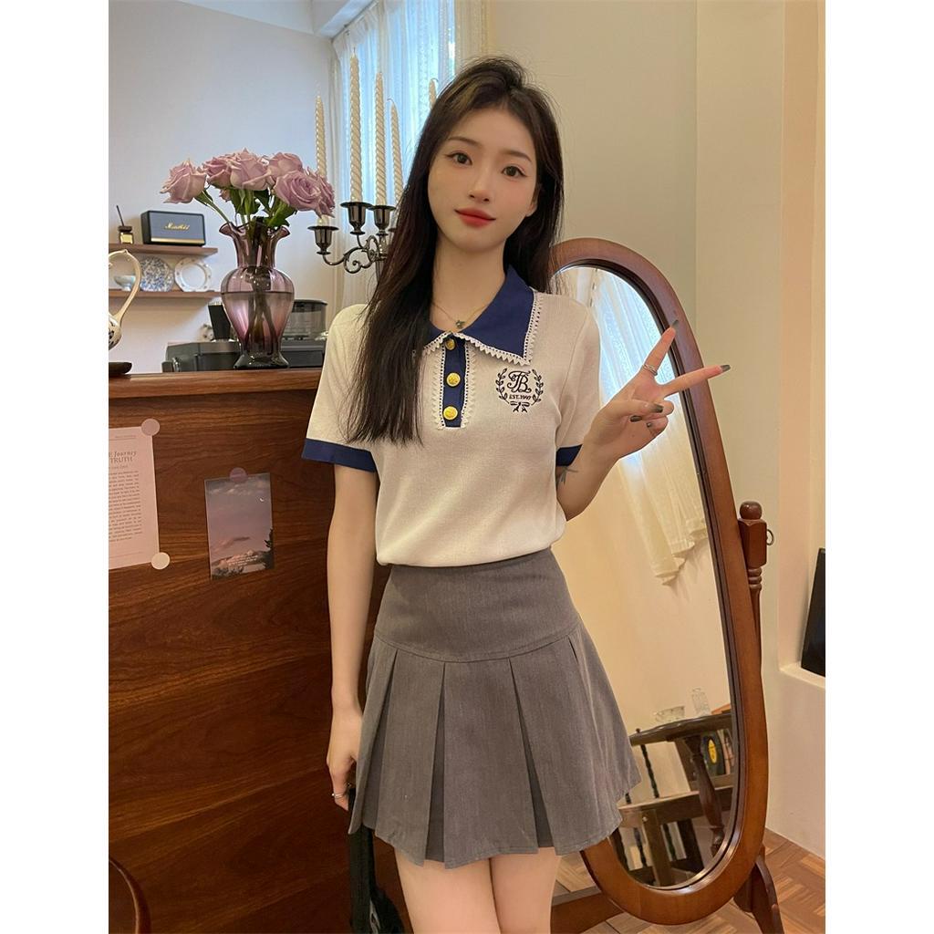 ZHELIHANGFEI Áo polo Dệt Kim Tay Ngắn Thêu Họa Tiết Phong Cách Pháp Thời Trang Cho Nữ