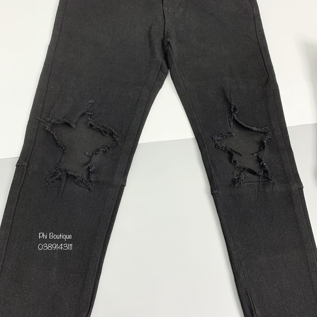 Quần Jean Zipper Đen Nam Rách Thủng Gối Phối Khoá Ống QJ132P