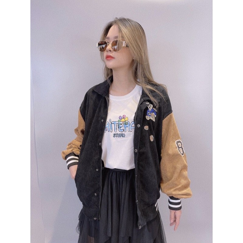 Áo khoác kaki nhung gân thêu gấu unisex ulzzang nam nữ