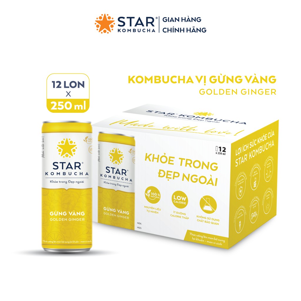 Thùng 12 lon STAR KOMBUCHA Gừng Vàng/ Golden Ginger (250ml/lon) - Trà lên men vi sinh chứa probiotics