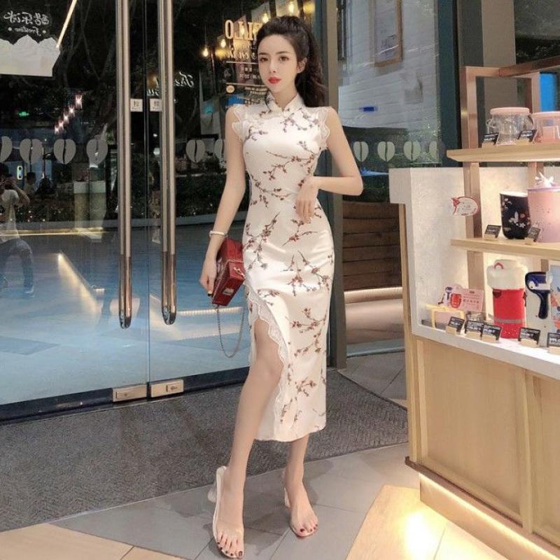 Áo dài Đầm Sườn Xám Cách Tân Xẻ Tà Quyến Rũ Phong Cách Retro Dành Cho Nữ