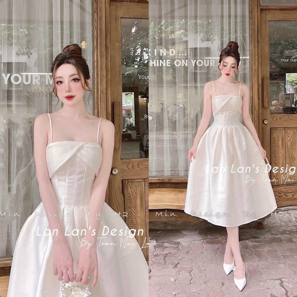 Đầm váy nữ dự tiệc trắng tinh khôi 2 dây sang chảnh quý phái dáng xòe đáng yêu cute tôn dáng