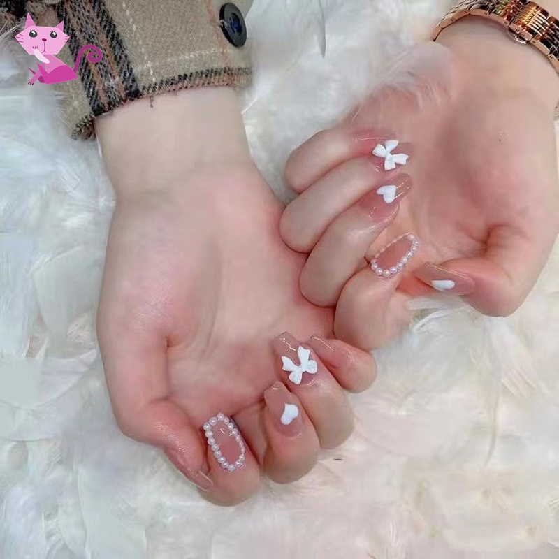 Bộ Móng Tay Giả Dáng Dài Đính Nơ Và Ngọc Trai Màu Hồng Xinh Xắn Thời Trang Cho Nữ