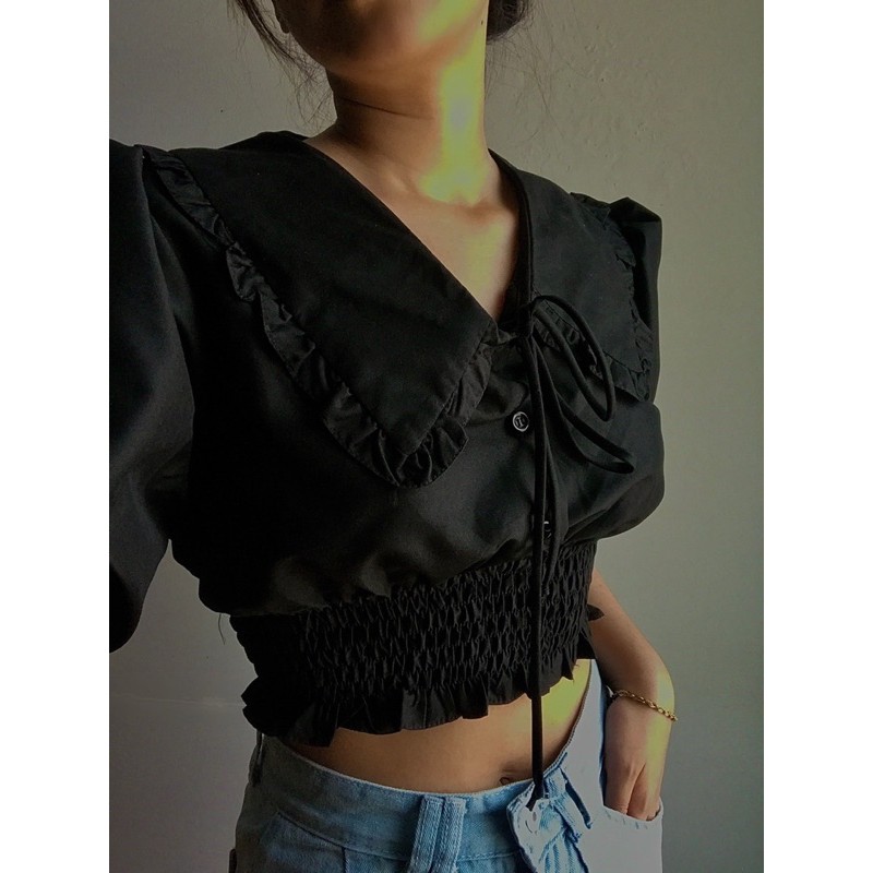 Áo croptop cổ bèo nhún eo ( thắt nơ )  - Deli Top .