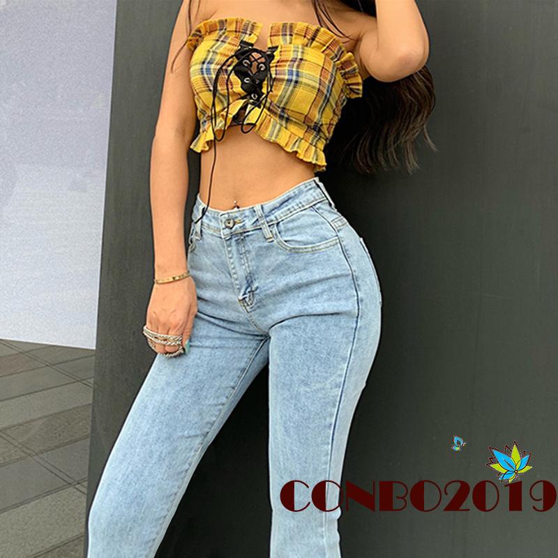 Quần jeans nữ lưng cao ống loe màu sắc vintage
