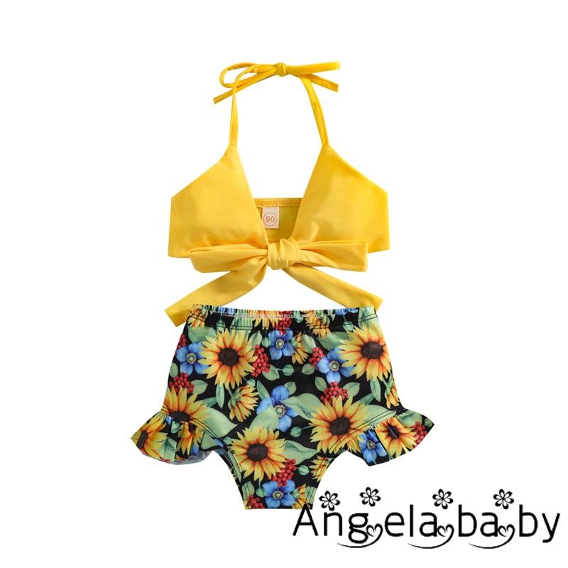 Set Đồ Tắm Xinh Xắn Dành Cho Bé Gái Bikini hai dây bơi cho bé + Quần đùi, Quần áo mùa hè thắt nơ họa tiết hoa hướng dương