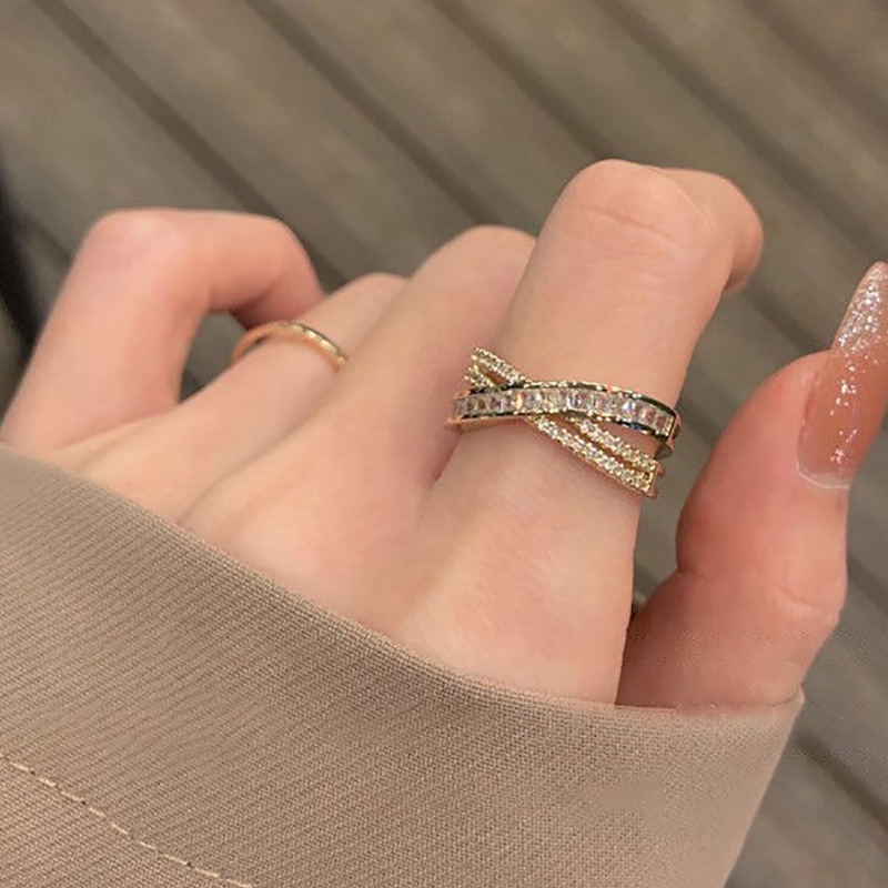 Nhẫn Đan Chéo Đính Đá Zircon Hình Chữ X Có Thể Điều Chỉnh Kích Cỡ Thời Trang Hàn Quốc