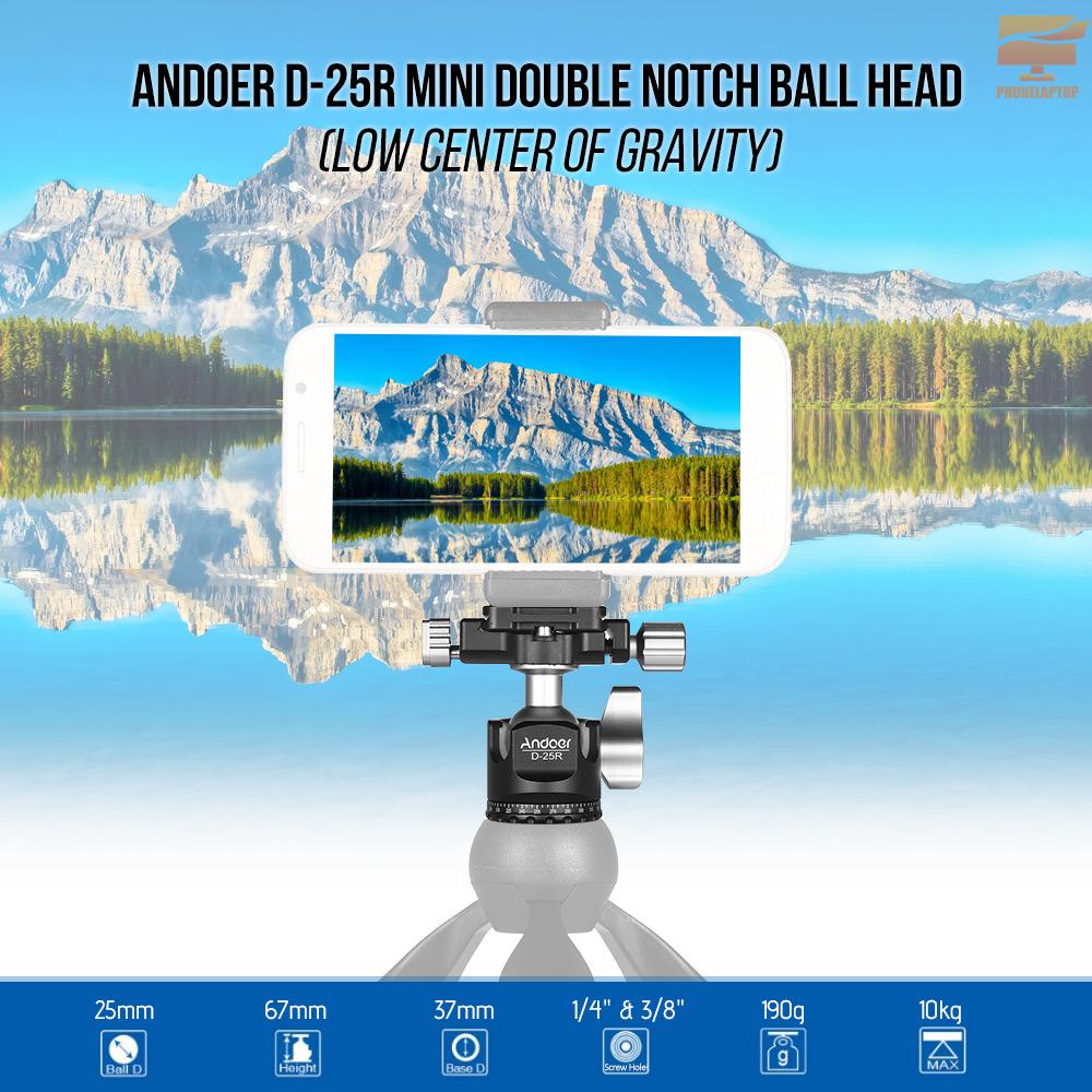 Andoer D-25R  CNC Machining Aluminum Alloy Double Notch Ball Head Mini Ballhead Low Center of Gravity for Manfrotto etc Tripod Monopod for Canon Nikon Sony DSLR ILDC Cameras Max Load Capacity 10kg