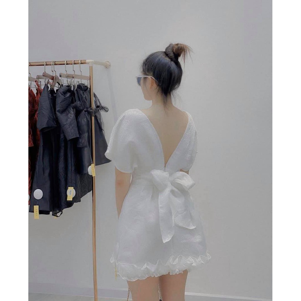Đầm gấm trắng hở cột nơ lưng chân bèo 💖 KÈM ẢNH THẬT 💖 BAO KIỂM ❌
