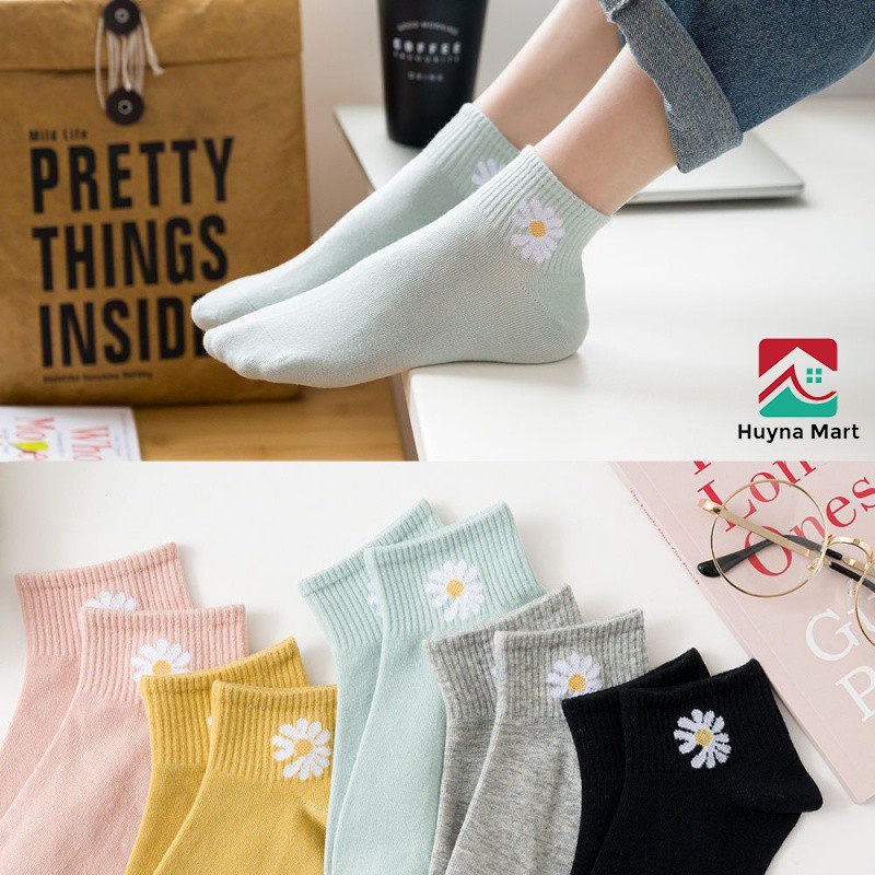 Sét 10 Đôi Tất Nữ Cổ Ngắn Cotton Hoa Cúc Kèm Túi Rút