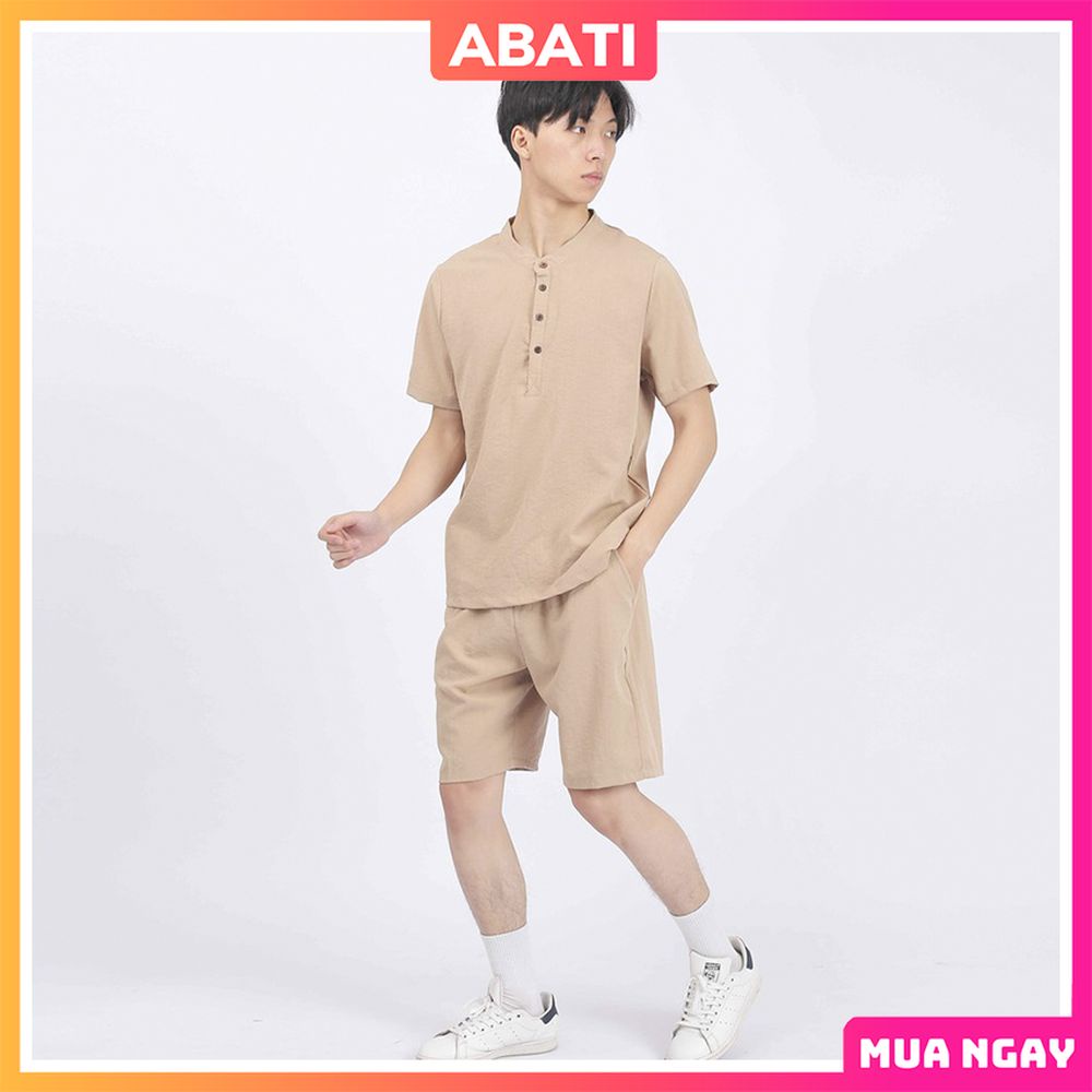 Bộ quần áo nam vải đũi cổ tàu tay ngắn chất liệu đũi thái mềm mịn thoáng mát cao cấp mặc nhà đi chơi dạo phố ABATI