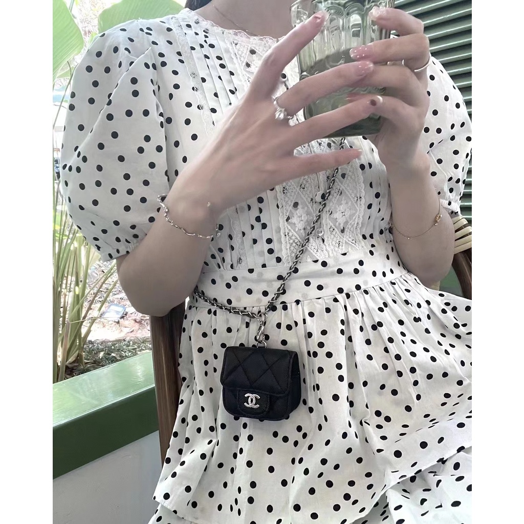 Đầm Tay Ngắn 2022 Họa Tiết Chấm Bi Đen Trắng Thời Trang Xuân Hè Cho Nữ