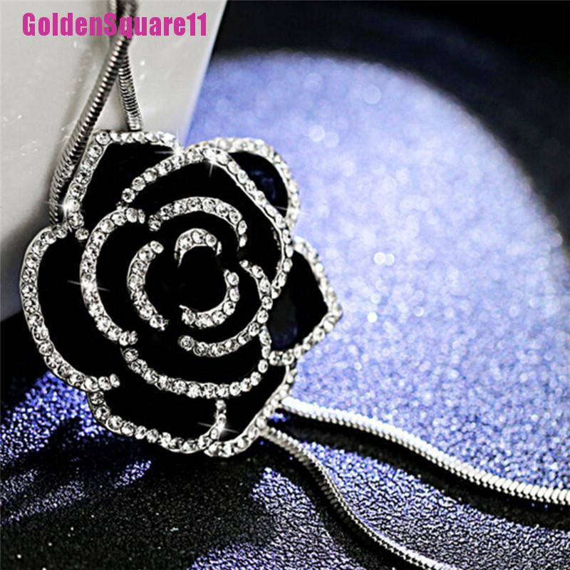 Vòng cổ dài mặt hình hoa hồng đen đính pha lê thời trang cho nữ