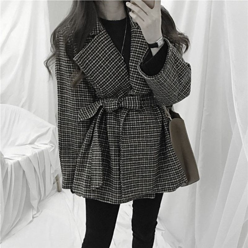 ÁO KHOÁC BLAZER DẠ KẺ ❤ FREESHIP ❤ Áo khoác blazer dạ kẻ đen 2 lớp form rộng dày dặn kèm đai dáng Hàn Quốc | BigBuy360 - bigbuy360.vn