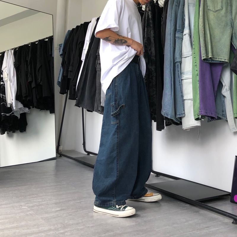 Quần jeans ống rộng phong cách Nhật Bản retro cho nam và nữ