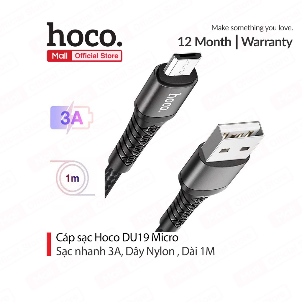Cáp sạc 3A Hoco DU19 Micro dây dù chống gãy gập truyền dữ liệu nhanh chóng dài 1M cho Android