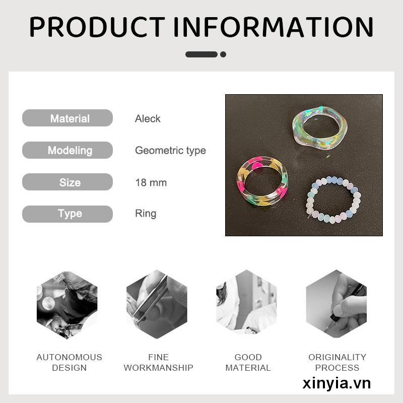 Bộ 3 Nhẫn Acrylic Trong Suốt Đính Hạt Hình Trái Tim Nhiều Màu